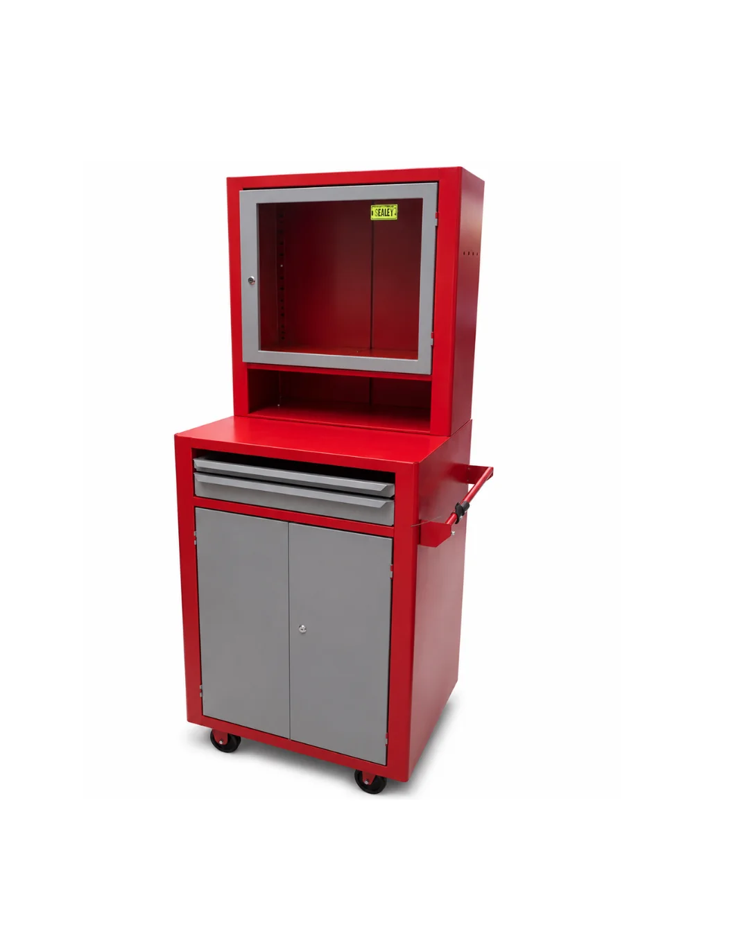 Rack para computador fechado com visor acrílico p/ monitor LCD 2 gavetas, 2 portas — Bezafer