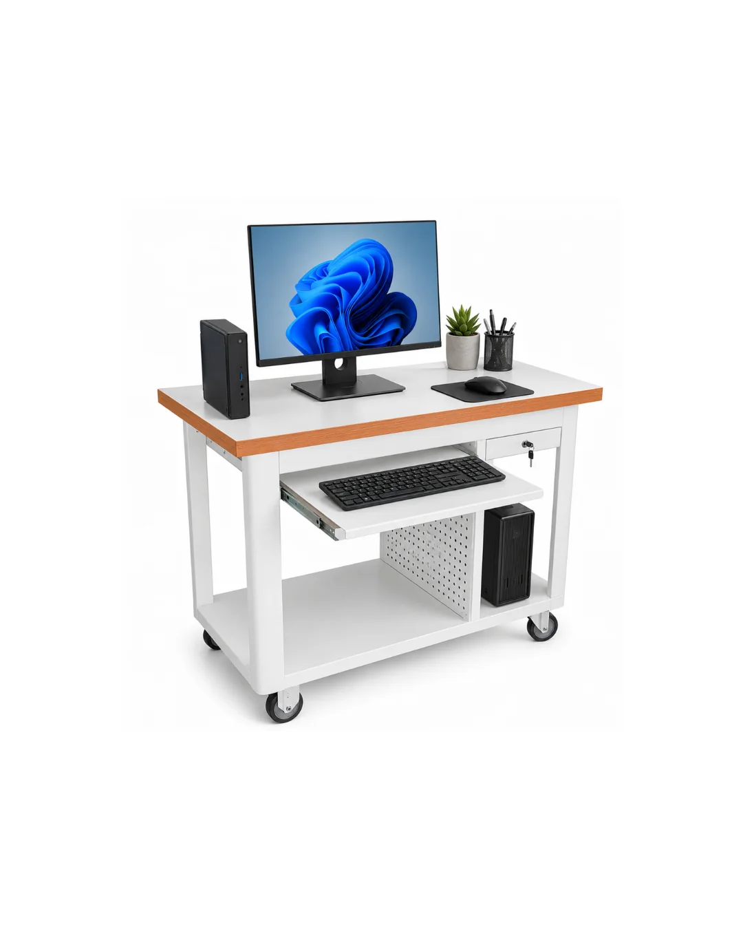 Rack escritório 1 gaveta, 1 gaveta para teclado, tampo em madeira — Bezafer